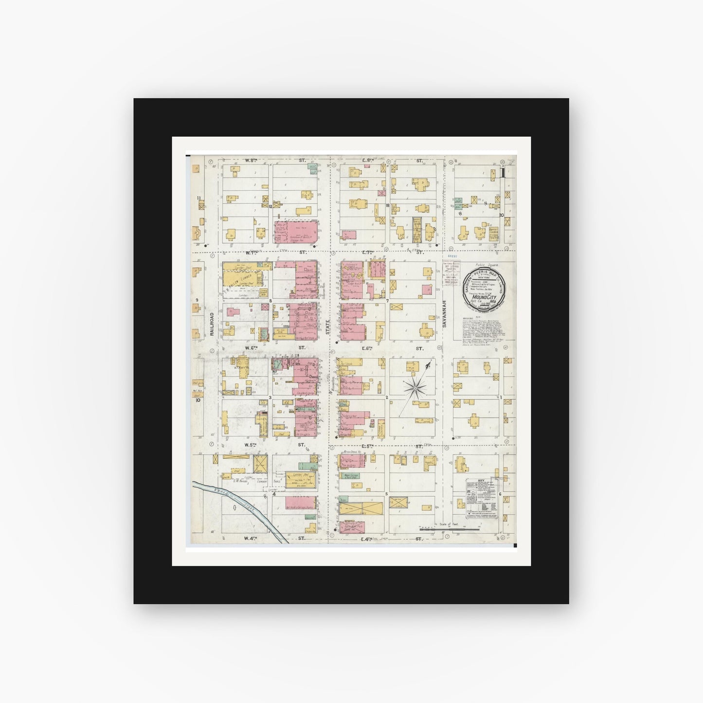 Old map wall art mockup — black gallery frame with white mat — Sanborn Fire Insurance Map from Mound City, Holt County, Missouri (1900) - Complete Map Set