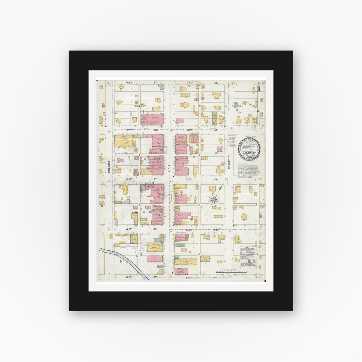 Old map wall art mockup — black gallery frame with white mat — Sanborn Fire Insurance Map from Mound City, Holt County, Missouri (1900) - Complete Map Set