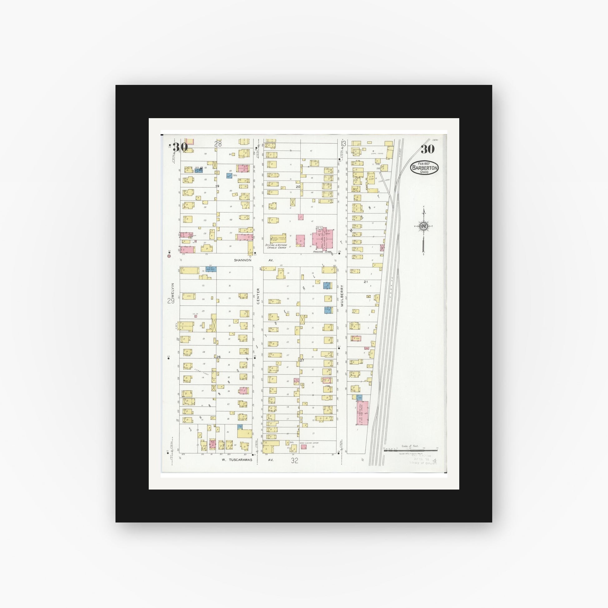 Old map wall art mockup — black gallery frame with white mat — Sanborn Fire Insurance Map from Barberton, Summit County, Ohio (1927), Sheet #0030