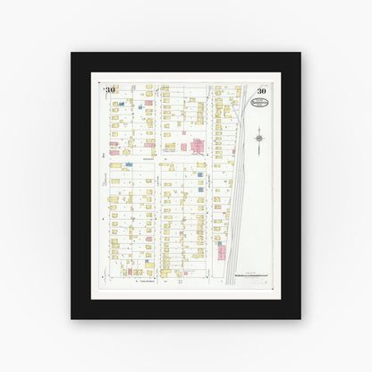 Old map wall art mockup — black gallery frame with white mat — Sanborn Fire Insurance Map from Barberton, Summit County, Ohio (1927), Sheet #0030