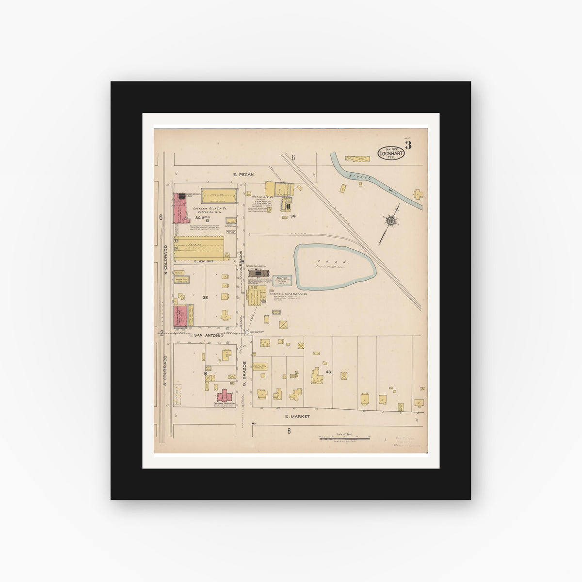 Old map wall art mockup — black gallery frame with white mat — Sanborn Fire Insurance Map from Lockhart, Caldwell County, Texas (1922), Sheet #0003