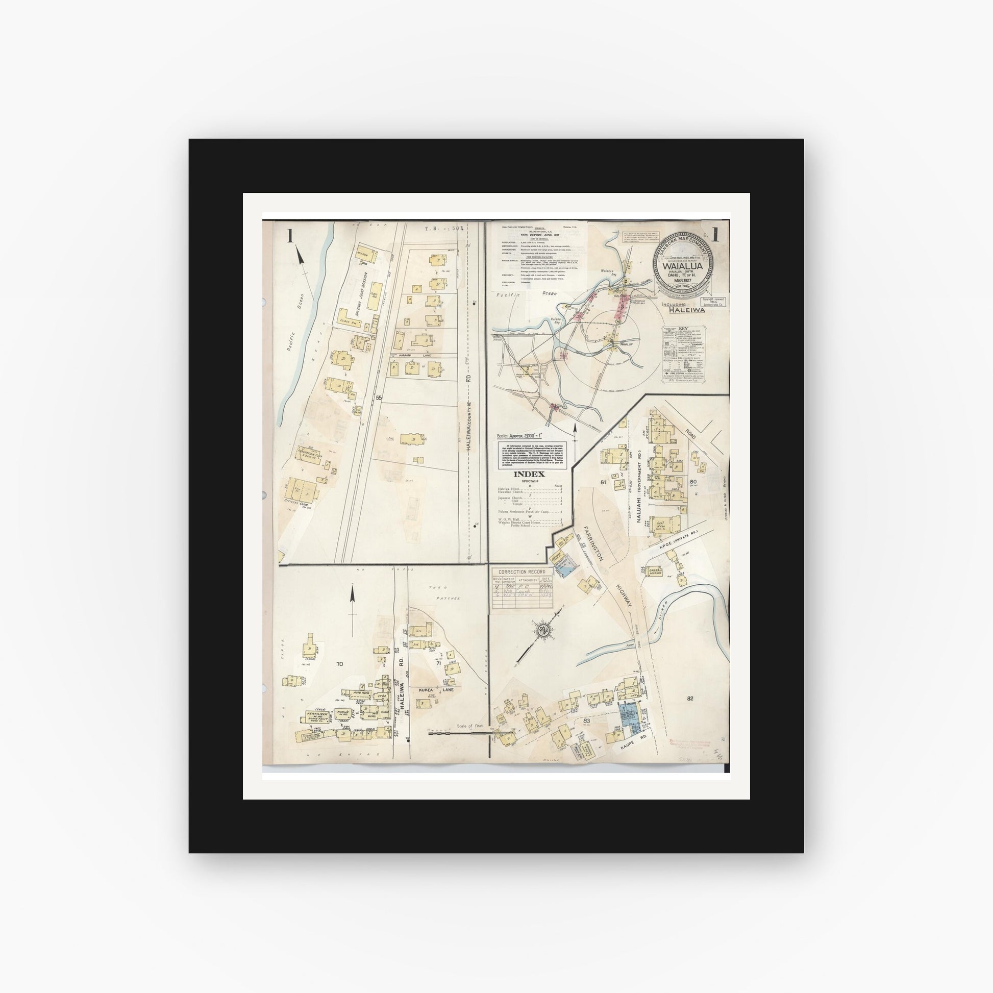 Old map wall art mockup — black gallery frame with white mat — Sanborn Fire Insurance Map from Waialua, Honolulu County, Hawaii (1957), Sheet #0001