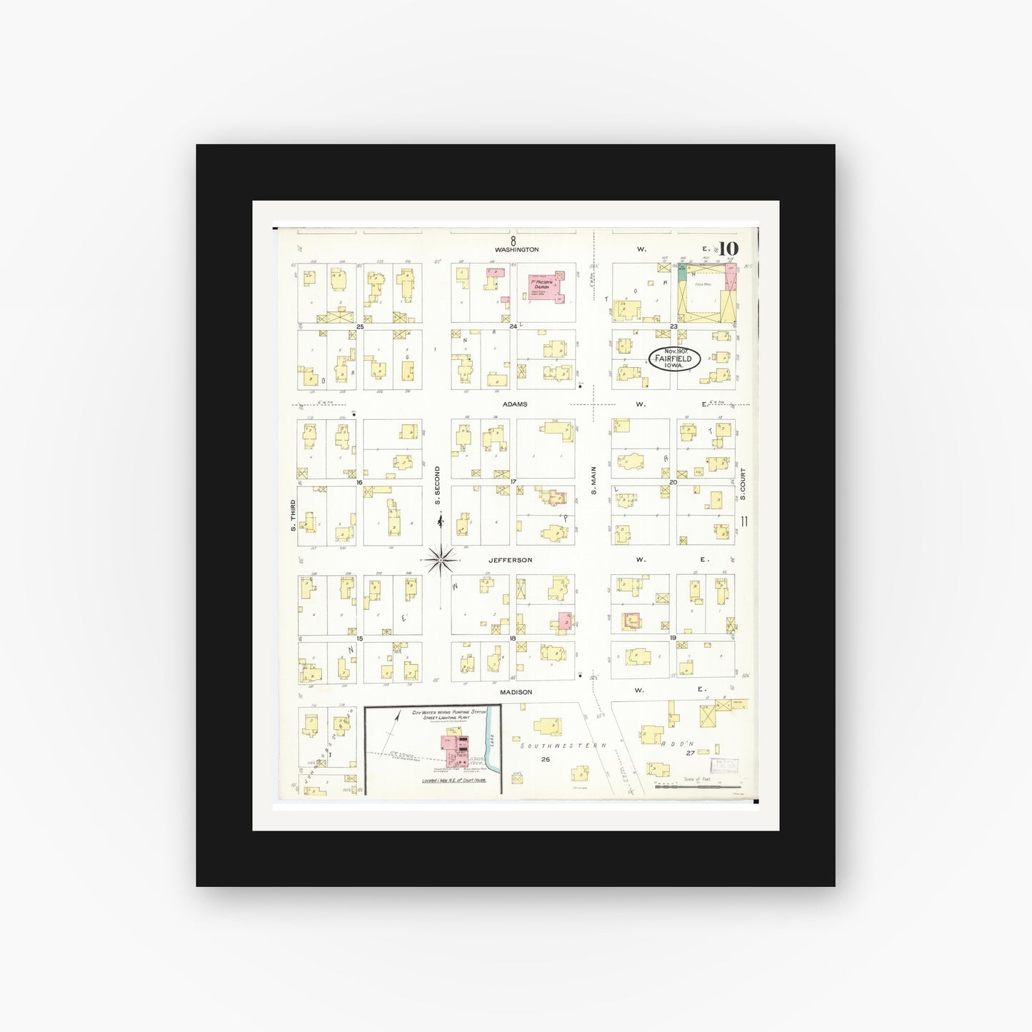 Old map wall art mockup — black gallery frame with white mat — Sanborn Fire Insurance Map from Fairfield, Jefferson County, Iowa (1907), Sheet #0010