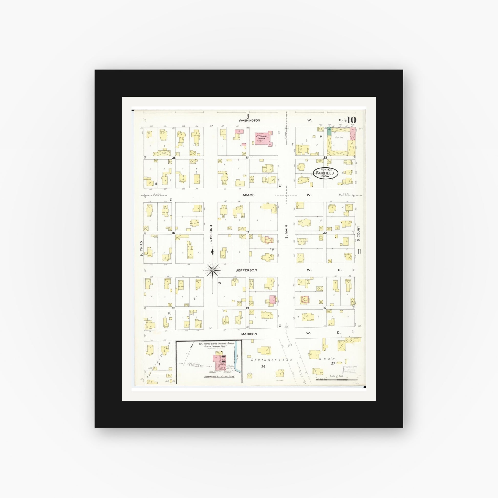 Old map wall art mockup — black gallery frame with white mat — Sanborn Fire Insurance Map from Fairfield, Jefferson County, Iowa (1907), Sheet #0010