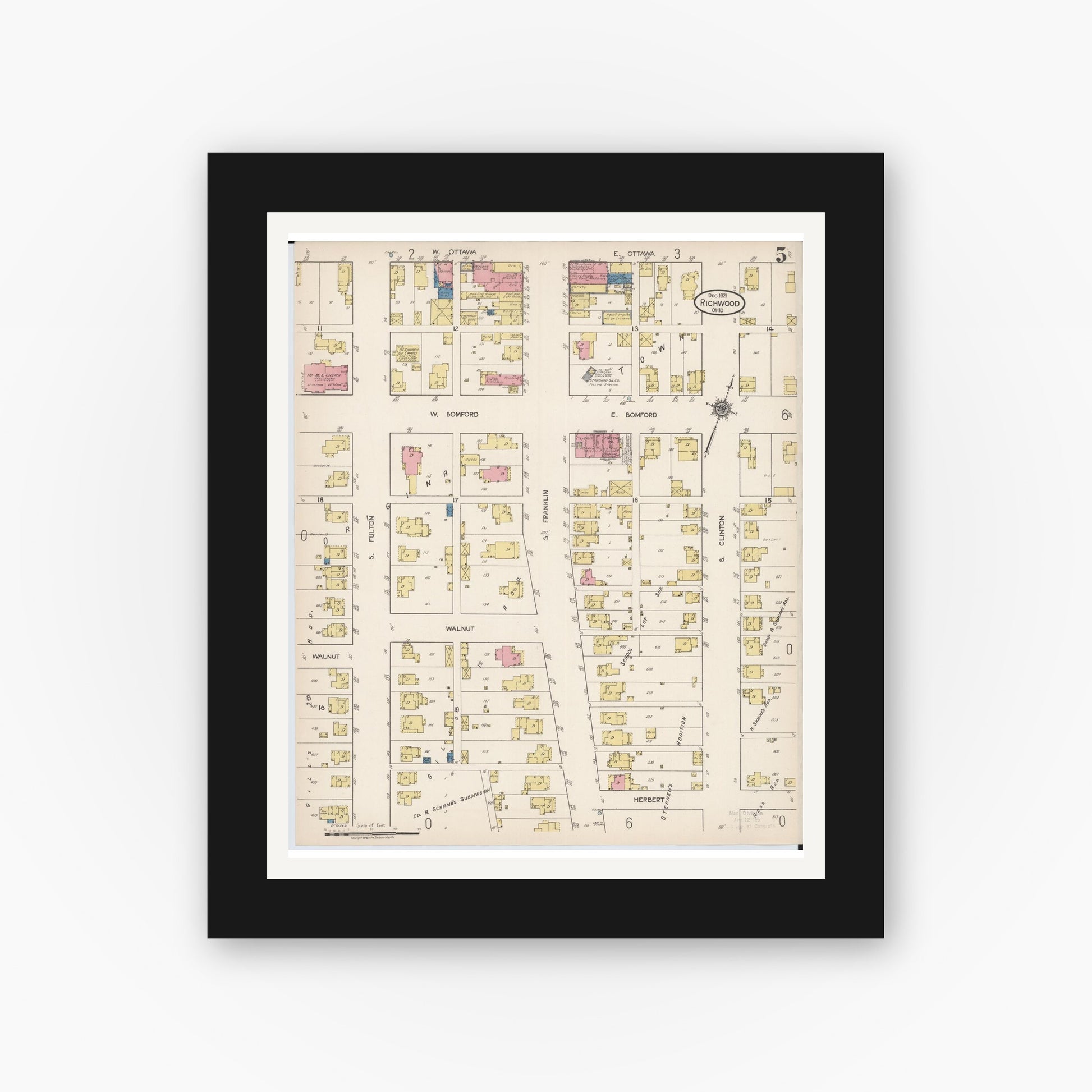 Old map wall art mockup — black gallery frame with white mat — Sanborn Fire Insurance Map from Richwood, Union County, Ohio (1921), Sheet #0005