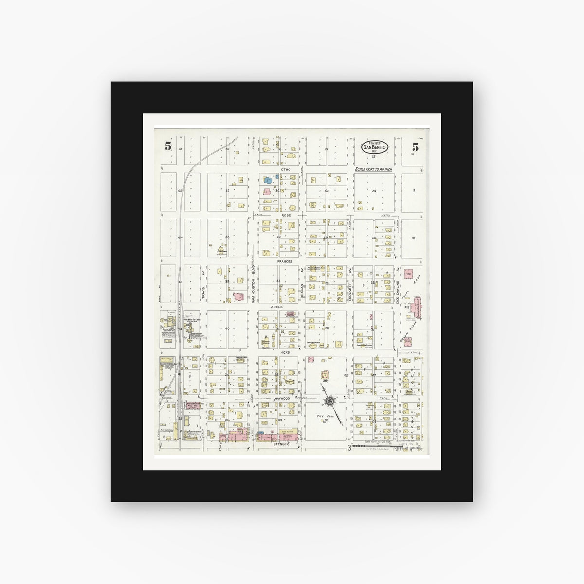 Old map wall art mockup — black gallery frame with white mat — Sanborn Fire Insurance Map from San Benito, Cameron County, Texas (1925), Sheet #0005