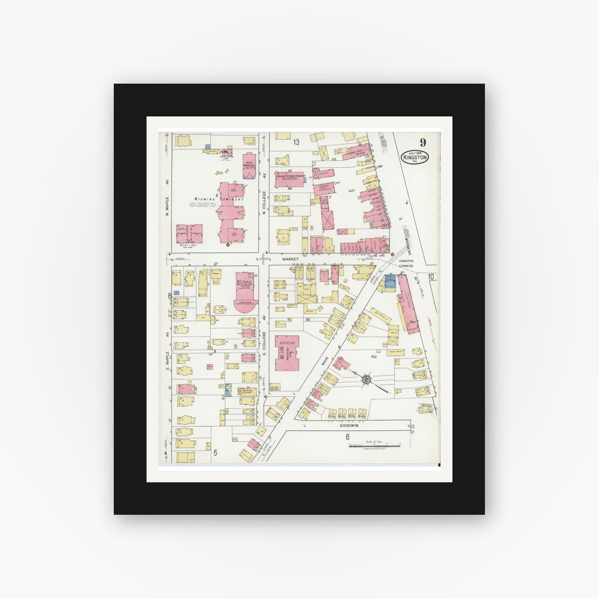 Old map wall art mockup — black gallery frame with white mat — Sanborn Fire Insurance Map from Kingston, Luzerne County, Pennsylvania (1919), Sheet #0009