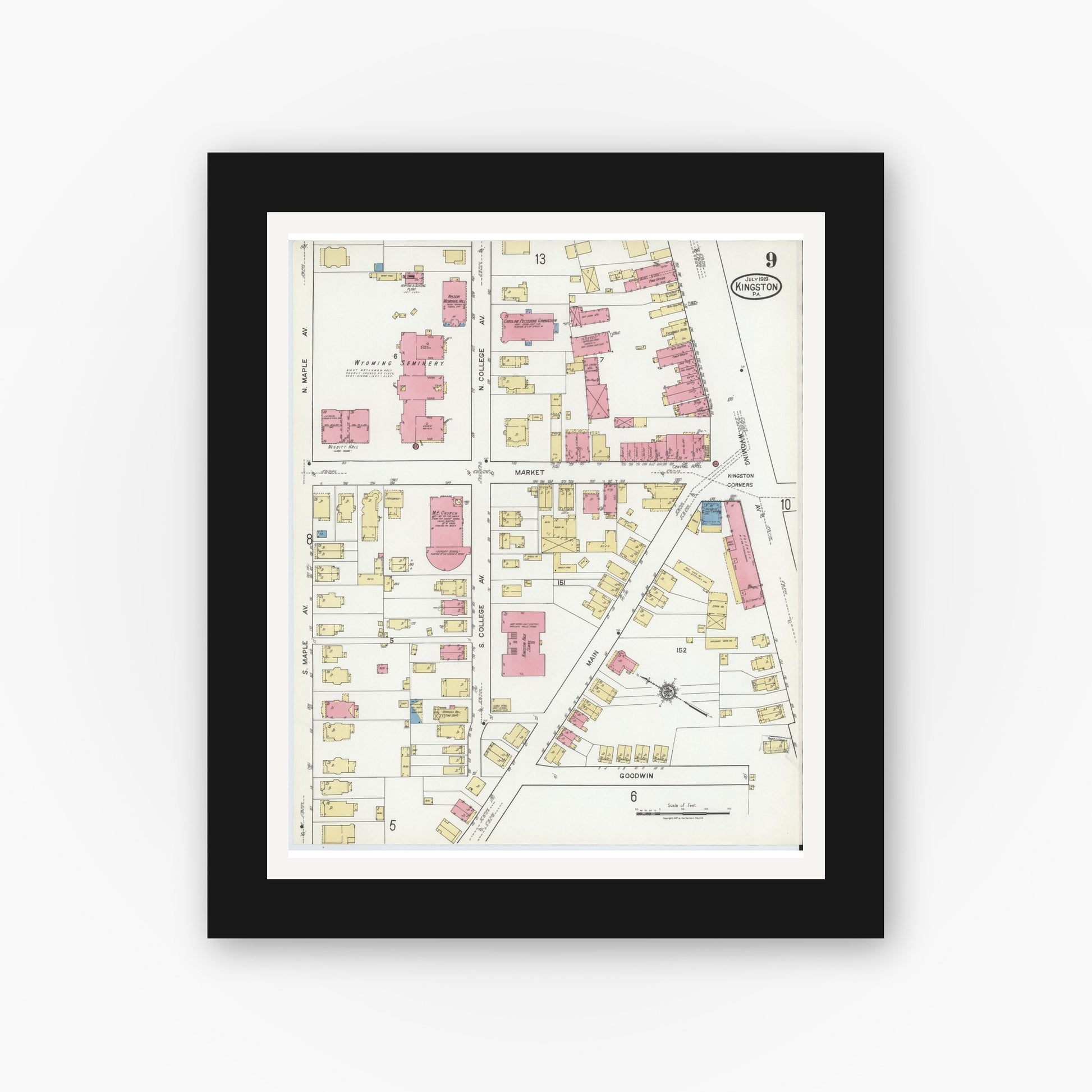 Old map wall art mockup — black gallery frame with white mat — Sanborn Fire Insurance Map from Kingston, Luzerne County, Pennsylvania (1919), Sheet #0009