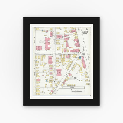 Old map wall art mockup — black gallery frame with white mat — Sanborn Fire Insurance Map from Kingston, Luzerne County, Pennsylvania (1919), Sheet #0009