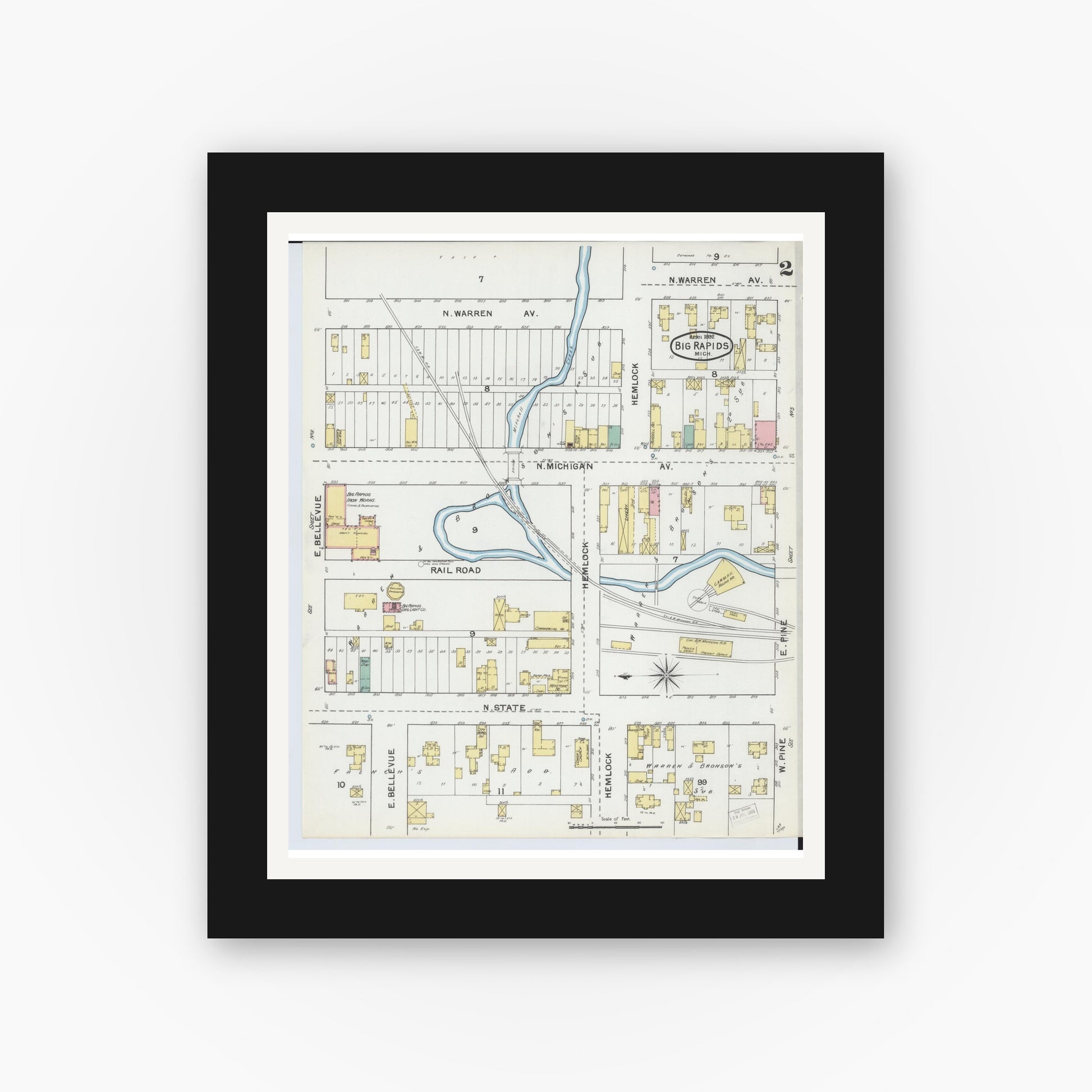 Old map wall art mockup — black gallery frame with white mat — Sanborn Fire Insurance Map from Big Rapids, Mecosta County, Michigan (1892), Sheet #0002