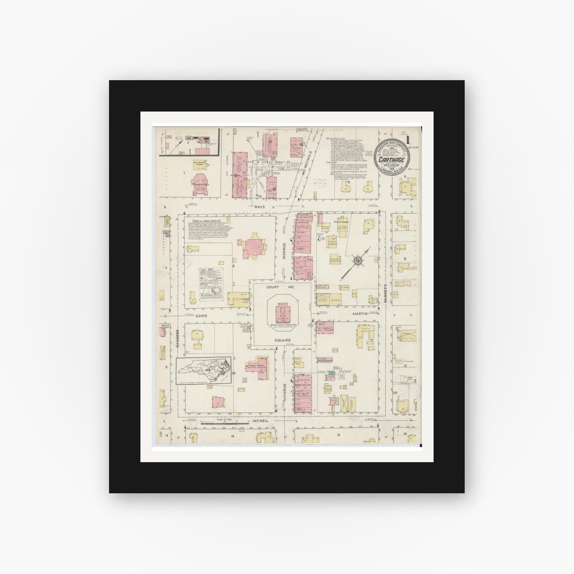 Old map wall art mockup — black gallery frame with white mat — Sanborn Fire Insurance Map from Carthage, Moore County, North Carolina (1915) - Complete Map Set