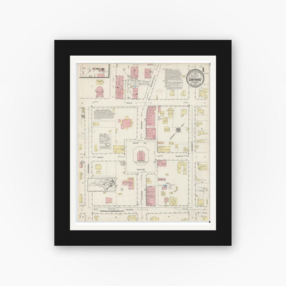 Old map wall art mockup — black gallery frame with white mat — Sanborn Fire Insurance Map from Carthage, Moore County, North Carolina (1915) - Complete Map Set
