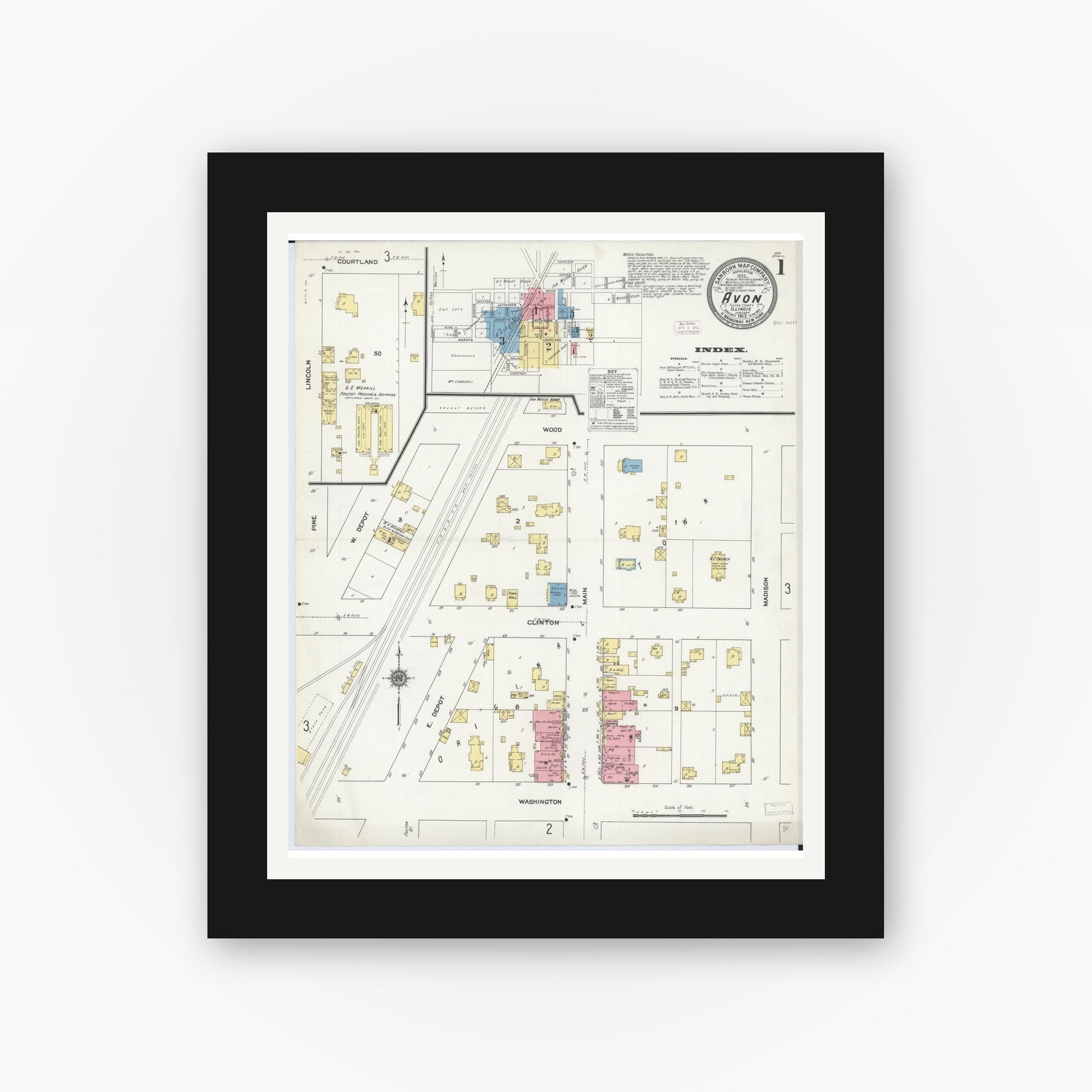 Old map wall art mockup — black gallery frame with white mat — Sanborn Fire Insurance Map from Avon, Fulton County, Illinois (1912) - Complete Map Set