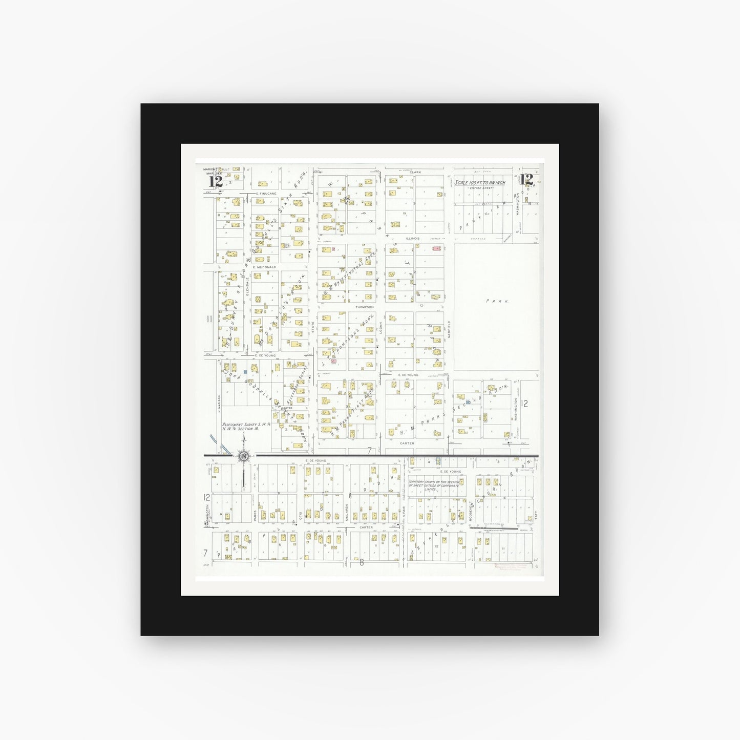 Old map wall art mockup — black gallery frame with white mat — Sanborn Fire Insurance Map from Marion, Williamson County, Illinois (1937), Sheet #0012