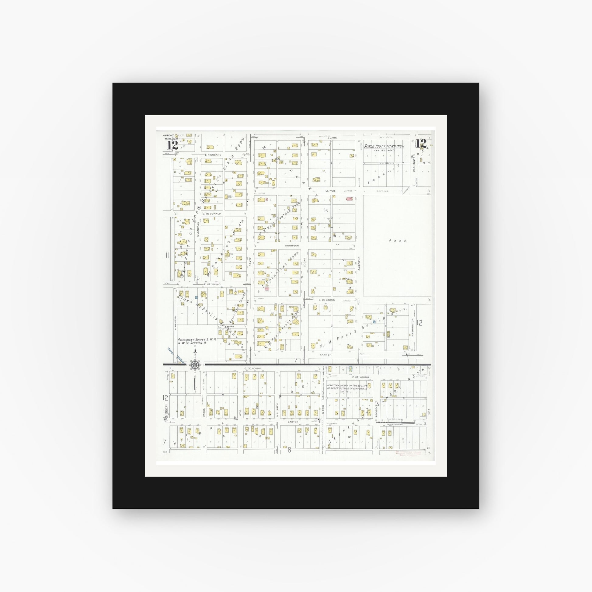 Old map wall art mockup — black gallery frame with white mat — Sanborn Fire Insurance Map from Marion, Williamson County, Illinois (1937), Sheet #0012