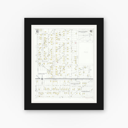 Old map wall art mockup — black gallery frame with white mat — Sanborn Fire Insurance Map from Marion, Williamson County, Illinois (1937), Sheet #0012