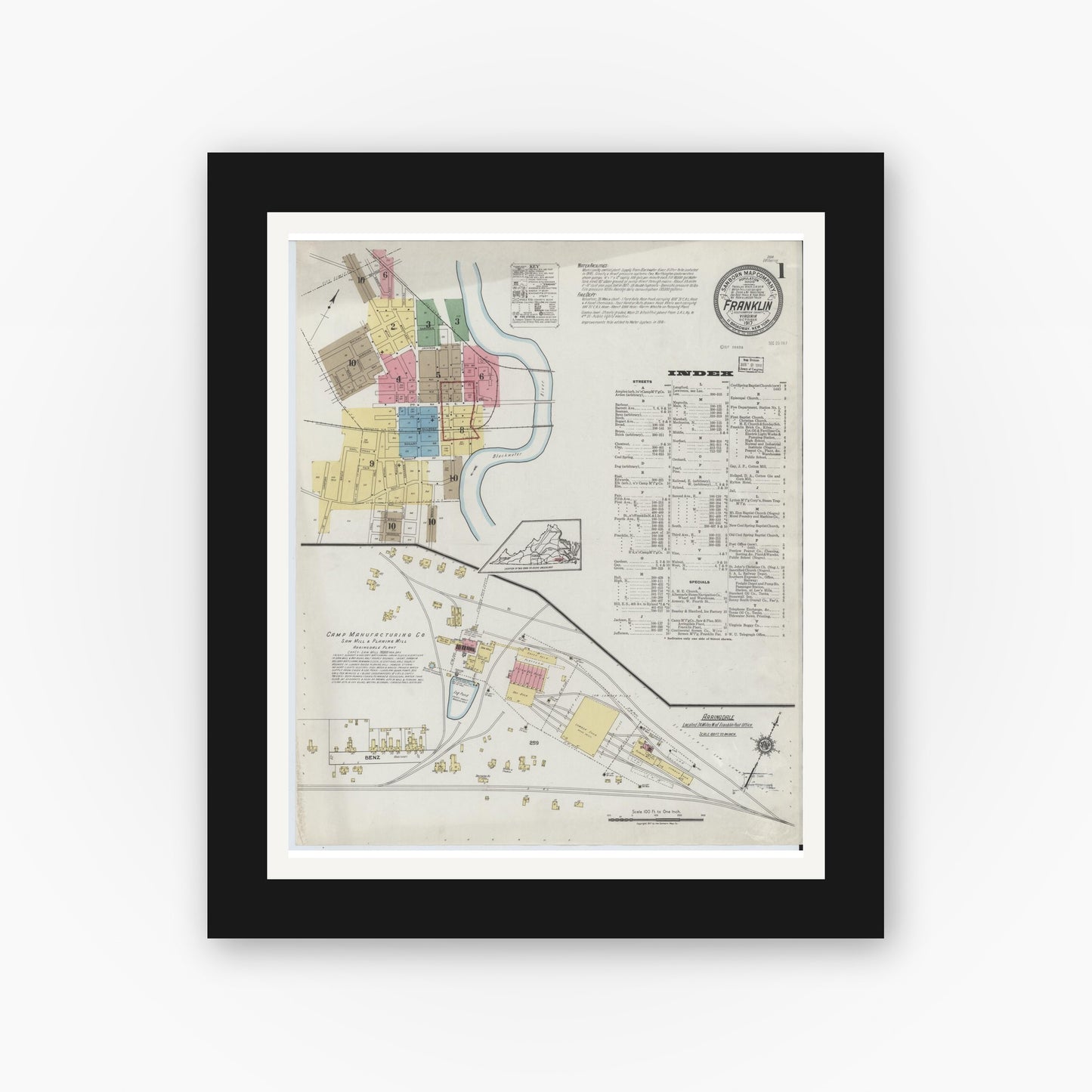 Old map wall art mockup — black gallery frame with white mat — Sanborn Fire Insurance Map from Franklin, Independent Cities, Virginia (1917) - Complete Map Set