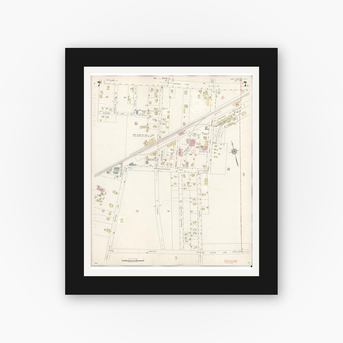Old map wall art mockup — black gallery frame with white mat — Sanborn Fire Insurance Map from Easthampton, Suffolk County, New York (1943), Sheet #0007