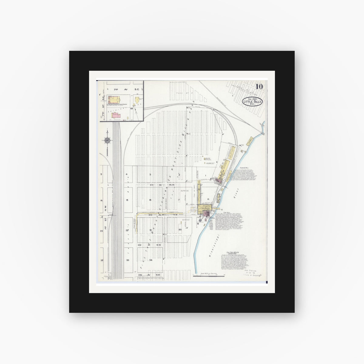 Old map wall art mockup — black gallery frame with white mat — Sanborn Fire Insurance Map from Little Falls, Morrison County, Minnesota (1909), Sheet #0010