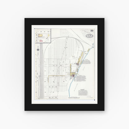 Old map wall art mockup — black gallery frame with white mat — Sanborn Fire Insurance Map from Little Falls, Morrison County, Minnesota (1909), Sheet #0010