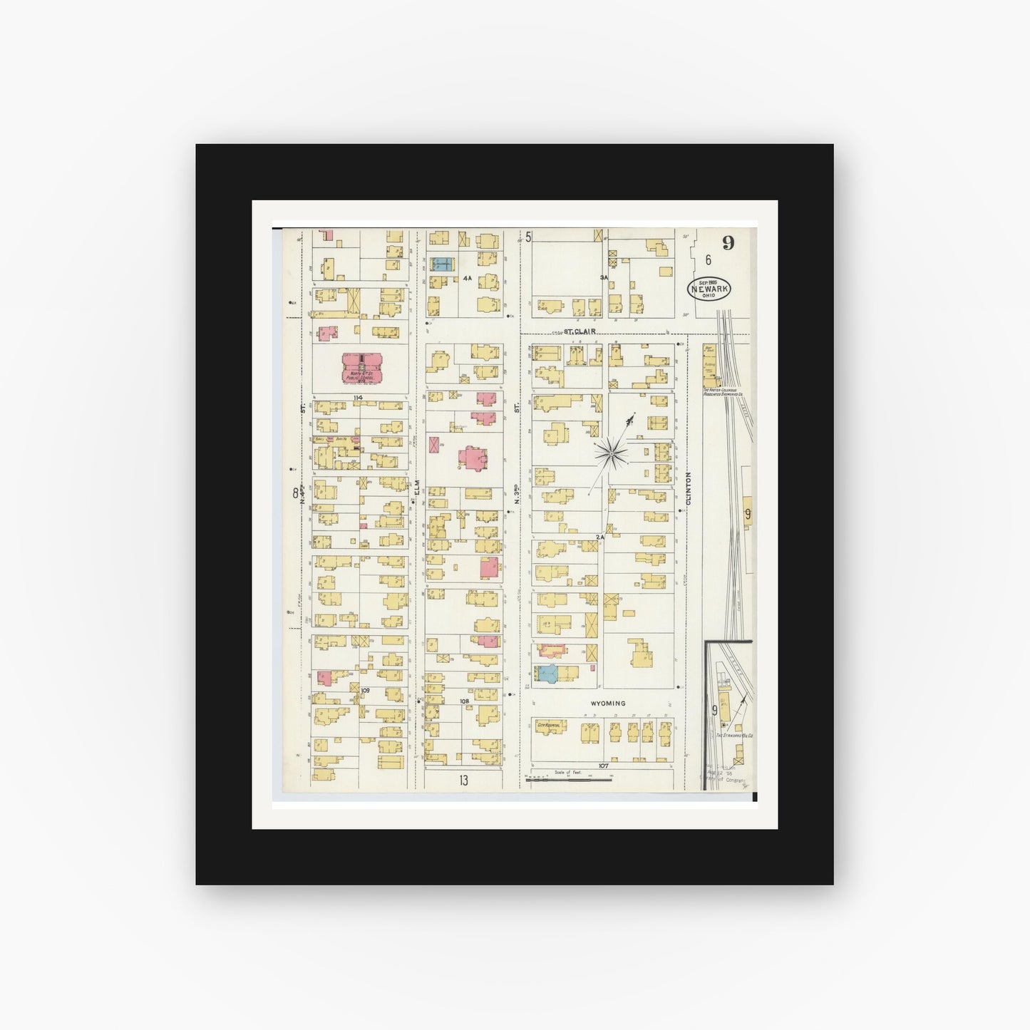 Old map wall art mockup — black gallery frame with white mat — Sanborn Fire Insurance Map from Newark, Licking County, Ohio (1905), Sheet #0009