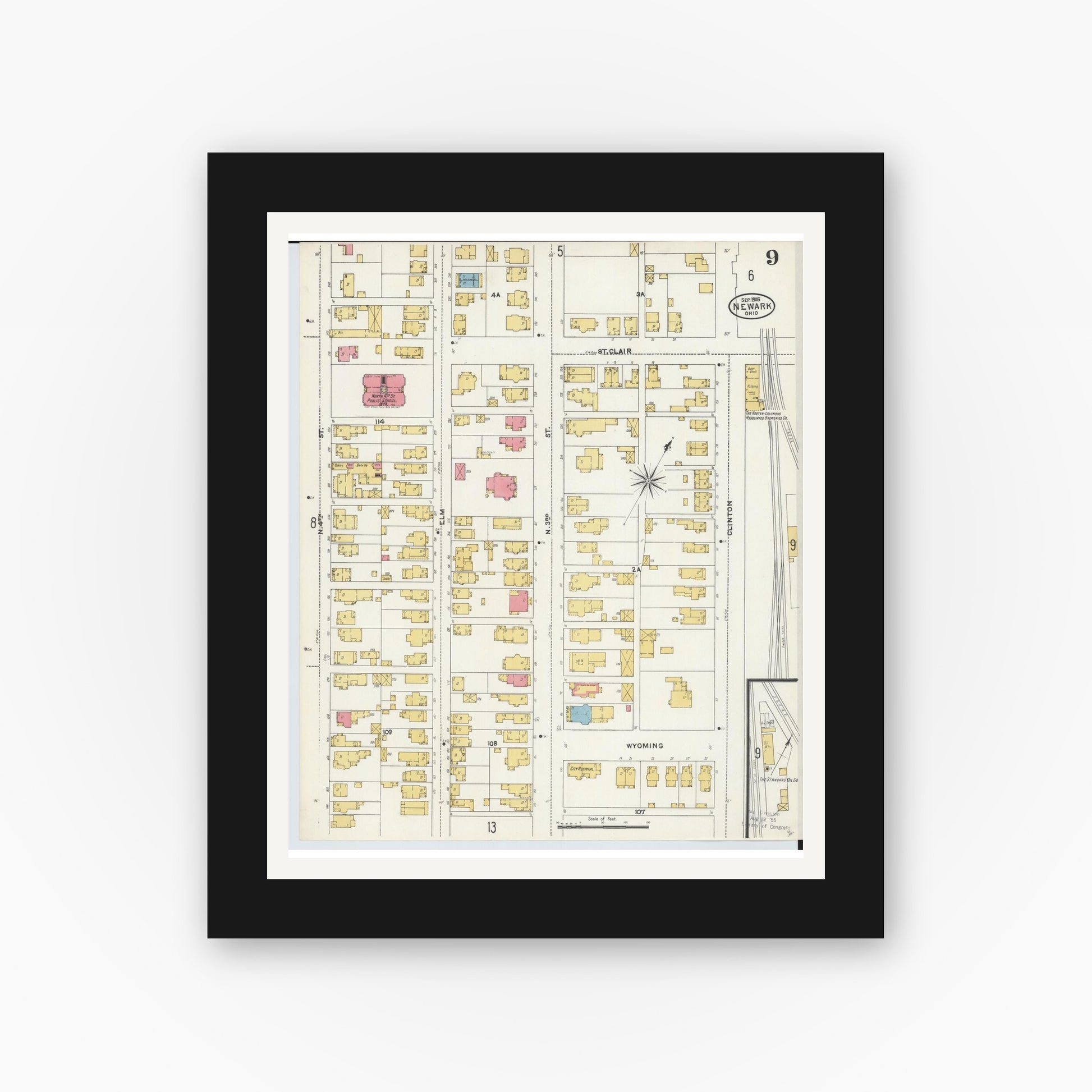 Old map wall art mockup — black gallery frame with white mat — Sanborn Fire Insurance Map from Newark, Licking County, Ohio (1905), Sheet #0009