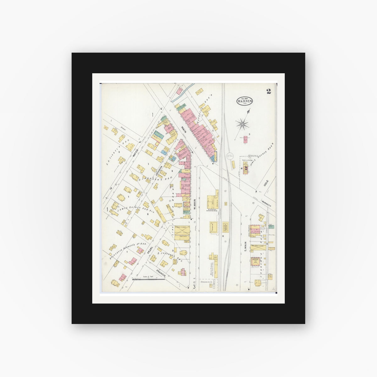 Old map wall art mockup — black gallery frame with white mat — Sanborn Fire Insurance Map from Warren, Jo Daviess County, Illinois (1904), Sheet #0002