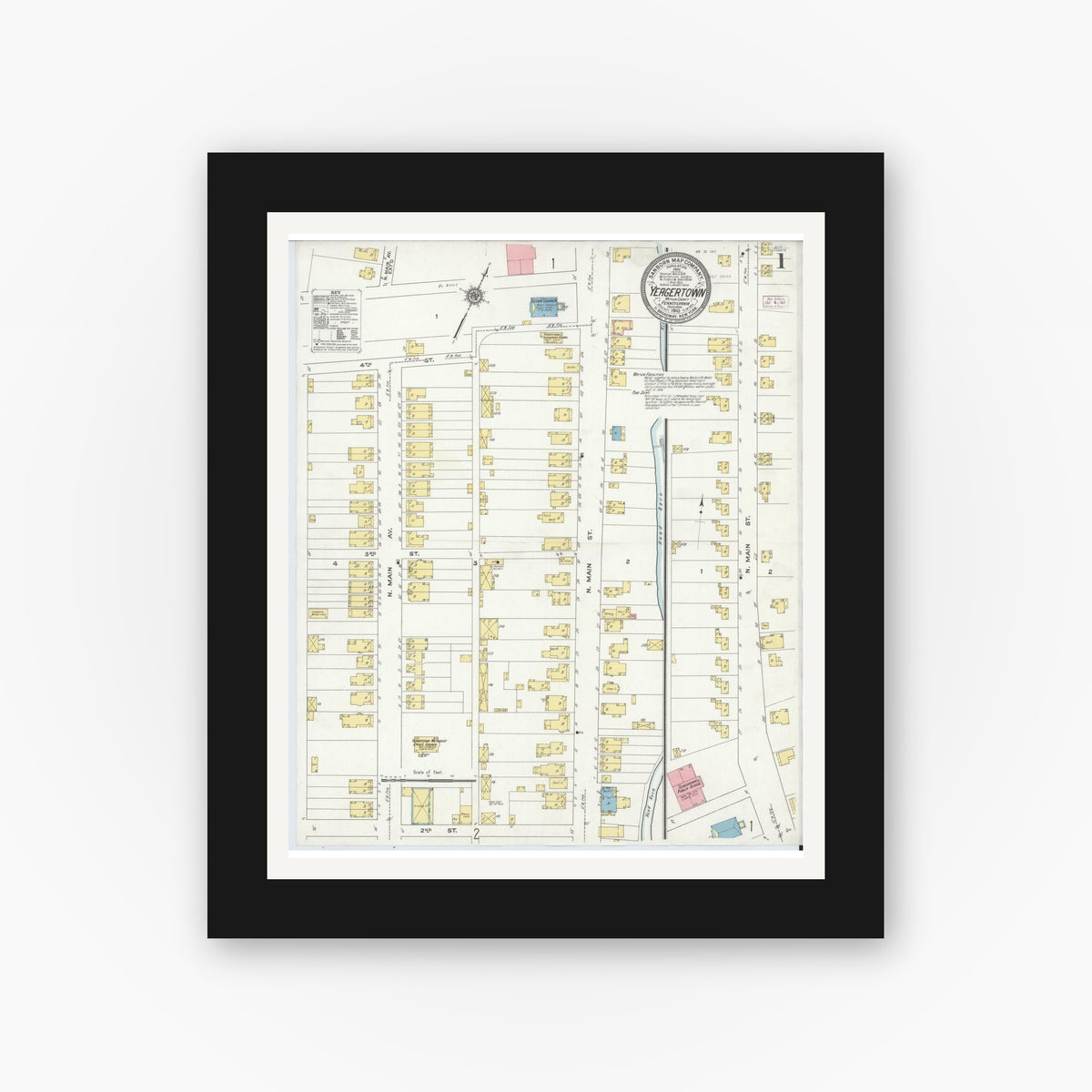Old map wall art mockup — black gallery frame with white mat — Sanborn Fire Insurance Map from Yeagertown, Mifflin County, Pennsylvania (1910) - Complete Map Set