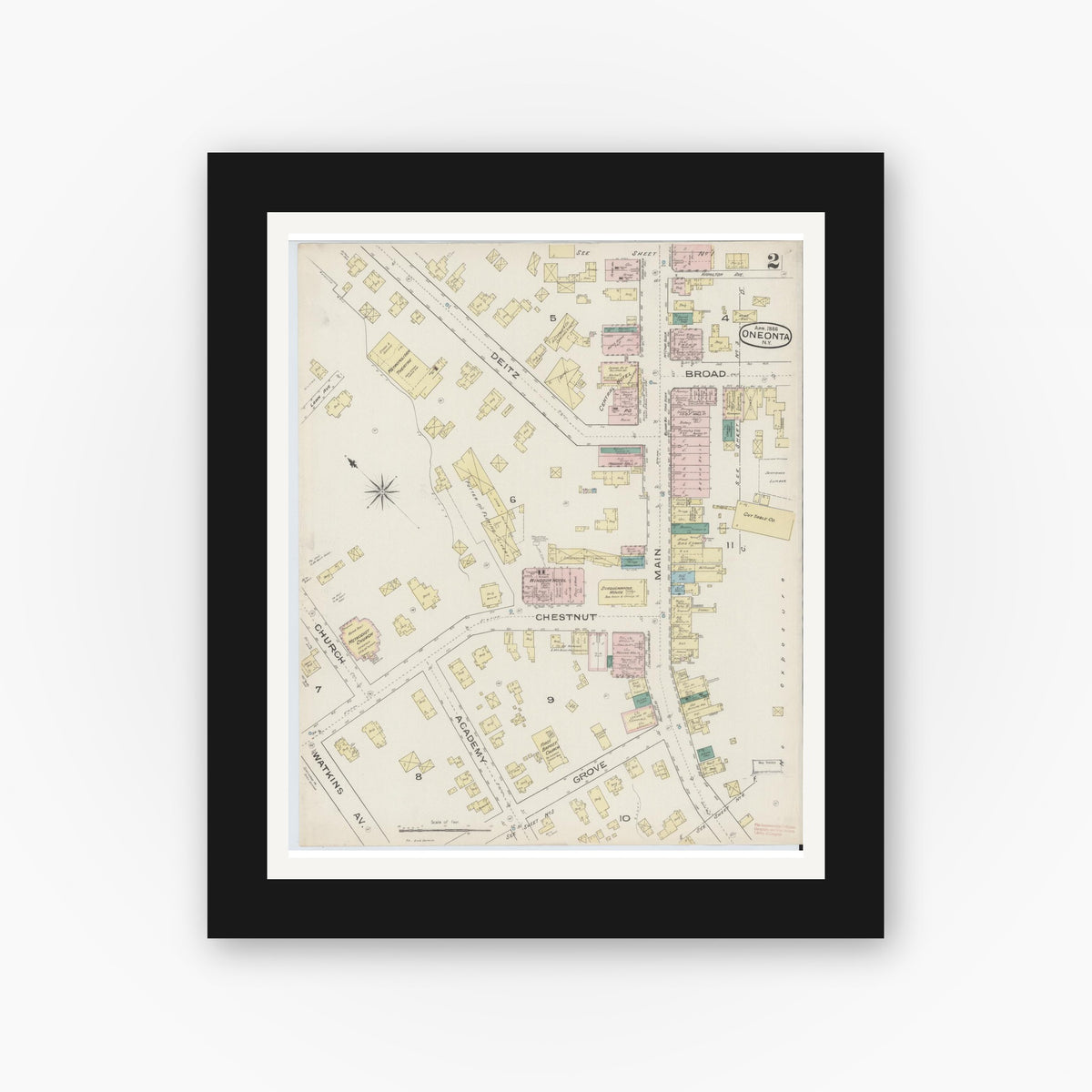 Old map wall art mockup — black gallery frame with white mat — Sanborn Fire Insurance Map from Oneonta, Otsego County, New York (1886) - Complete Map Set