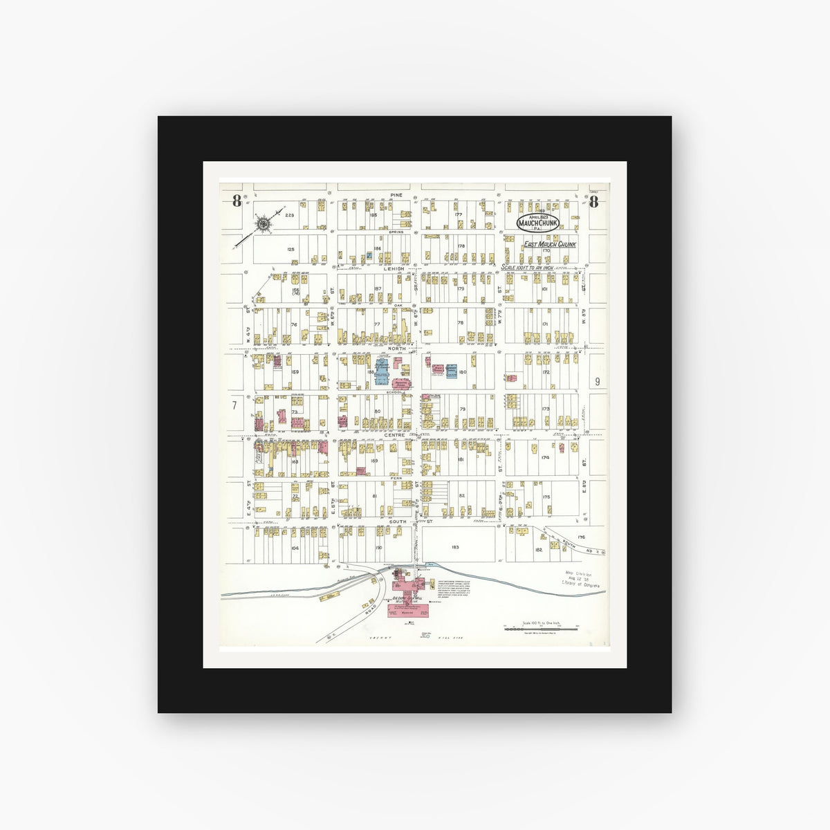 Old map wall art mockup — black gallery frame with white mat — Sanborn Fire Insurance Map from Mauch Chunk, Carbon County, Pennsylvania (1923), Sheet #0008