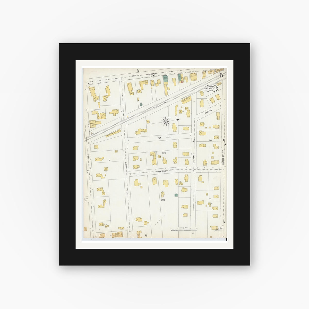 Old map wall art mockup — black gallery frame with white mat — Sanborn Fire Insurance Map from Mansfield, Bristol County, Massachusetts (1903), Sheet #0006
