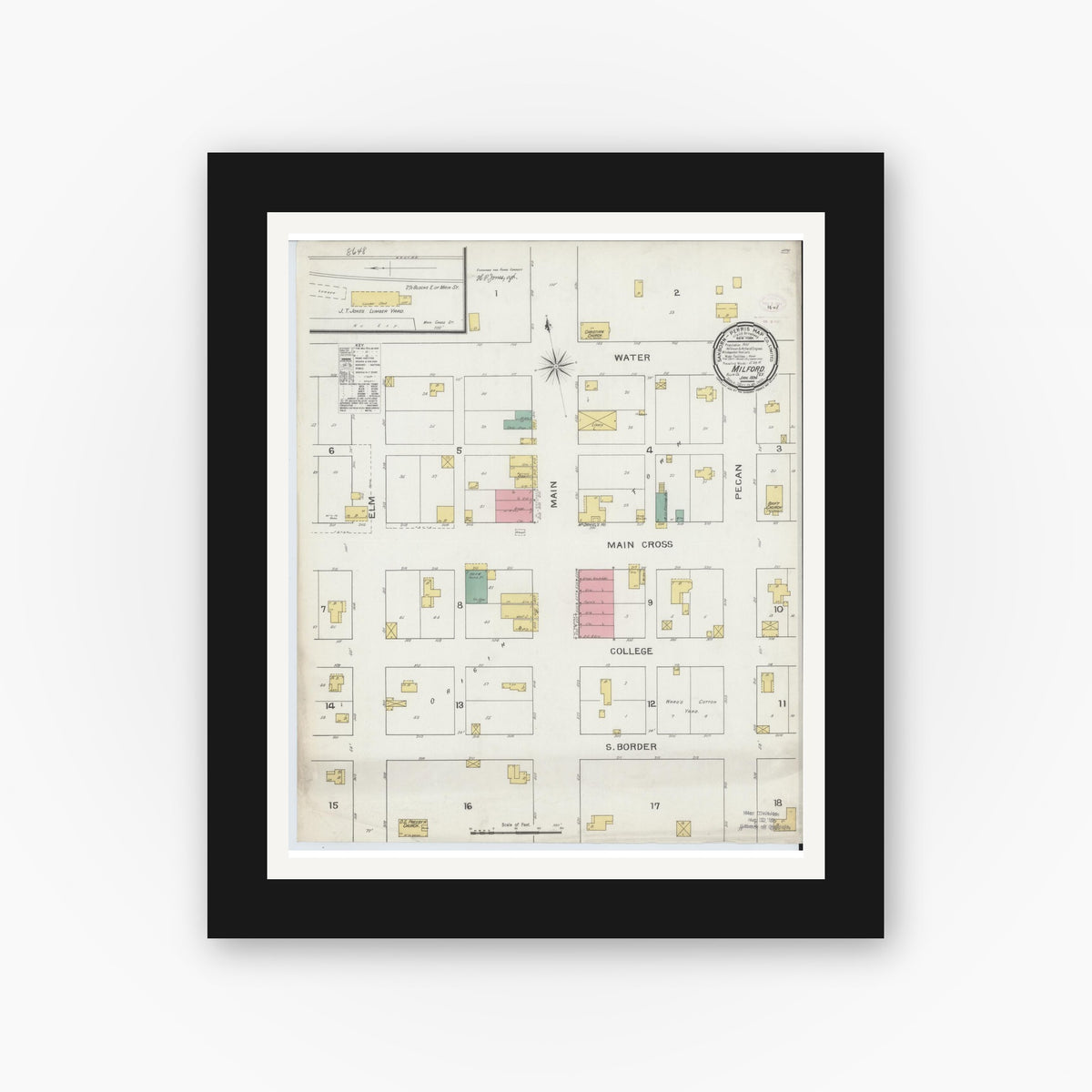 Old map wall art mockup — black gallery frame with white mat — Sanborn Fire Insurance Map from Milford, Ellis County, Texas (1894), Sheet #0001