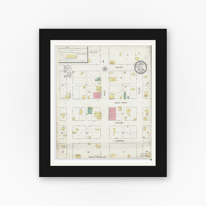 Old map wall art mockup — black gallery frame with white mat — Sanborn Fire Insurance Map from Milford, Ellis County, Texas (1894), Sheet #0001
