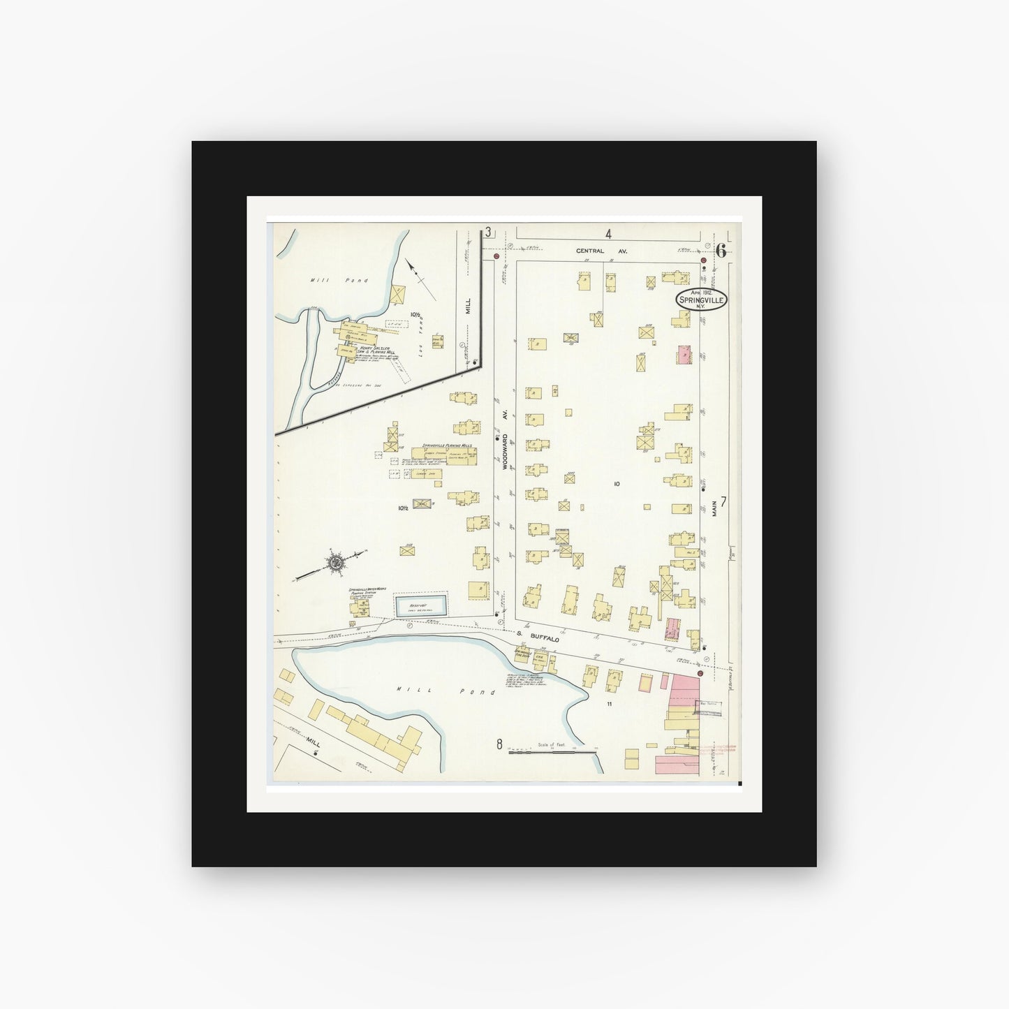 Old map wall art mockup — black gallery frame with white mat — Sanborn Fire Insurance Map from Springville, Erie County, New York (1912), Sheet #0006