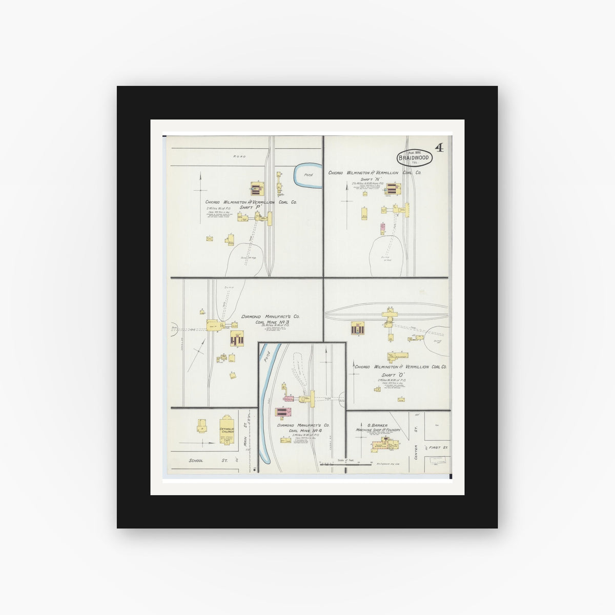 Old map wall art mockup — black gallery frame with white mat — Sanborn Fire Insurance Map from Braidwood, Will County, Illinois (1892), Sheet #0004