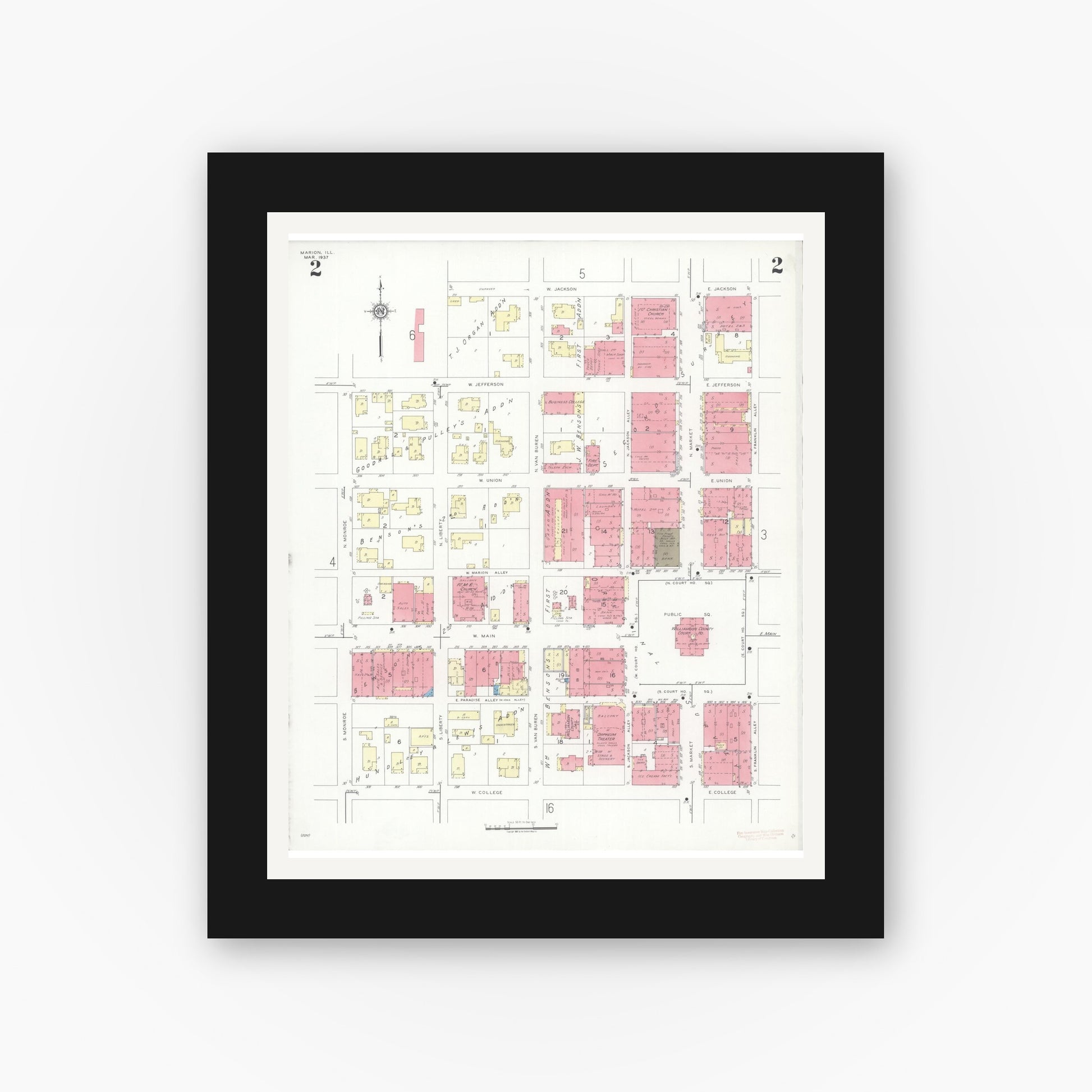 Old map wall art mockup — black gallery frame with white mat — Sanborn Fire Insurance Map from Marion, Williamson County, Illinois (1937), Sheet #0002