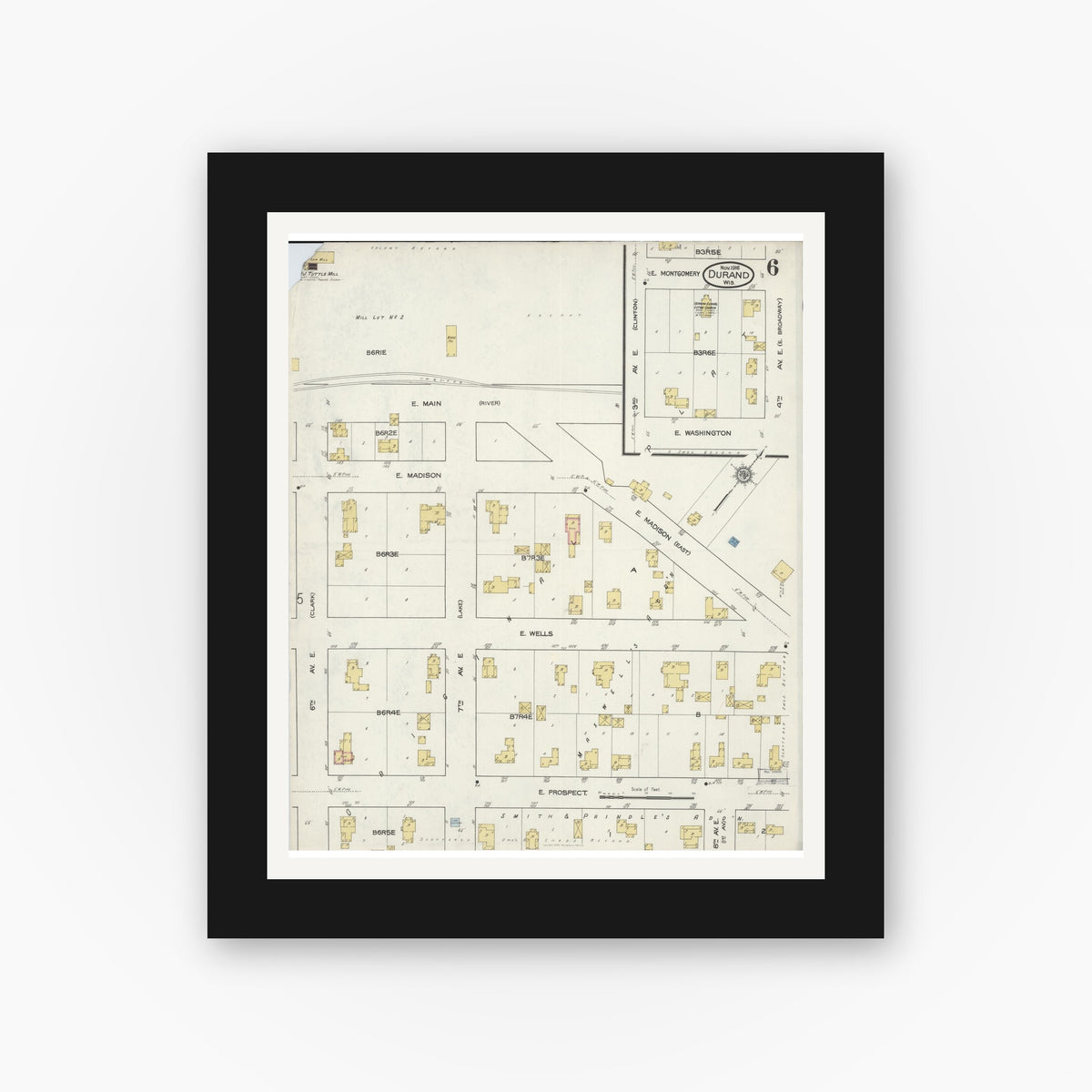 Old map wall art mockup — black gallery frame with white mat — Sanborn Fire Insurance Map from Durand, Pepin County, Wisconsin (1916), Sheet #0006
