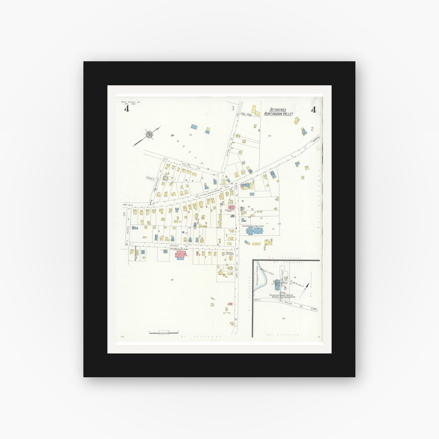 Old map wall art mockup — black gallery frame with white mat — Sanborn Fire Insurance Map from Bryn Athyn, Montgomery County, Pennsylvania (1933), Sheet #0004