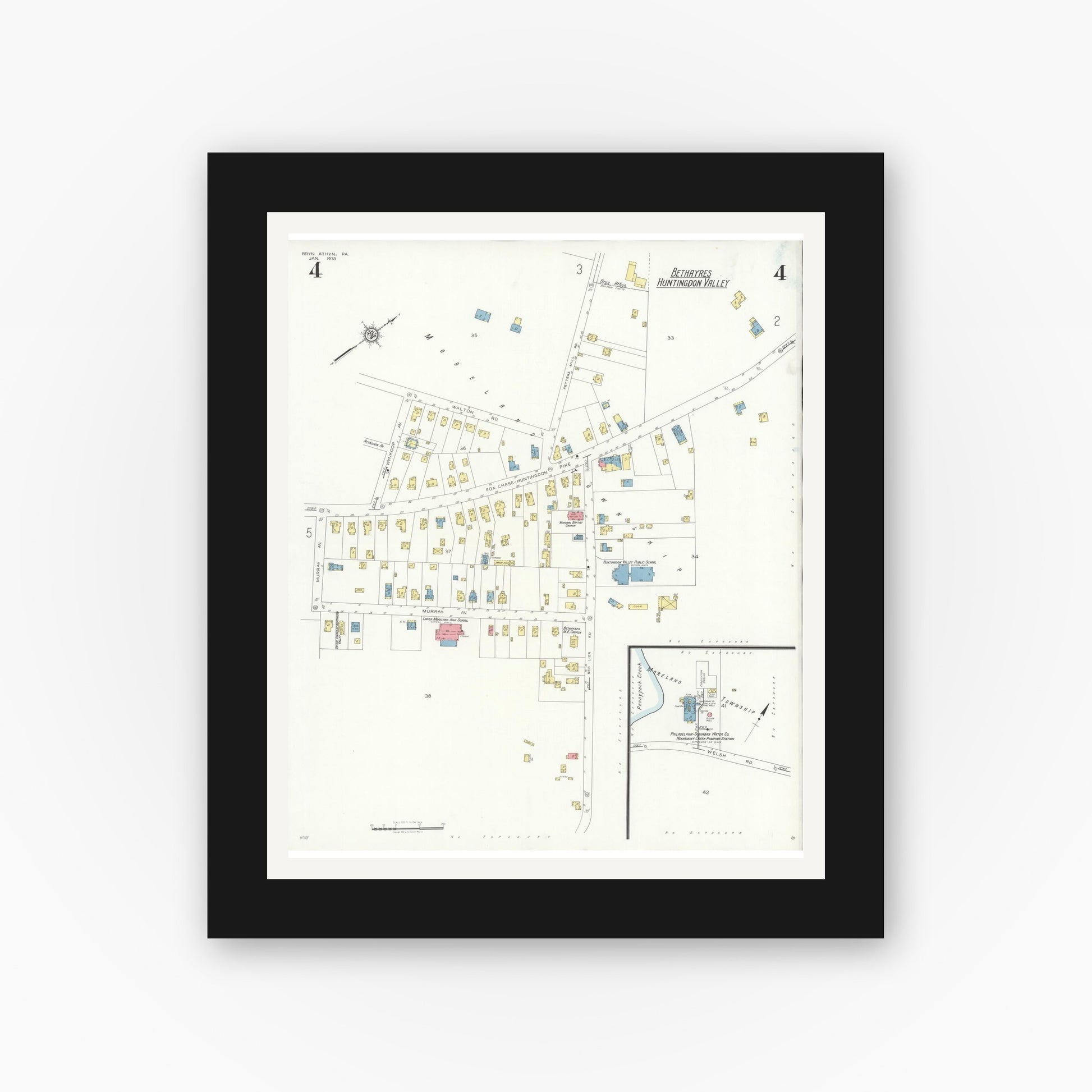 Old map wall art mockup — black gallery frame with white mat — Sanborn Fire Insurance Map from Bryn Athyn, Montgomery County, Pennsylvania (1933), Sheet #0004