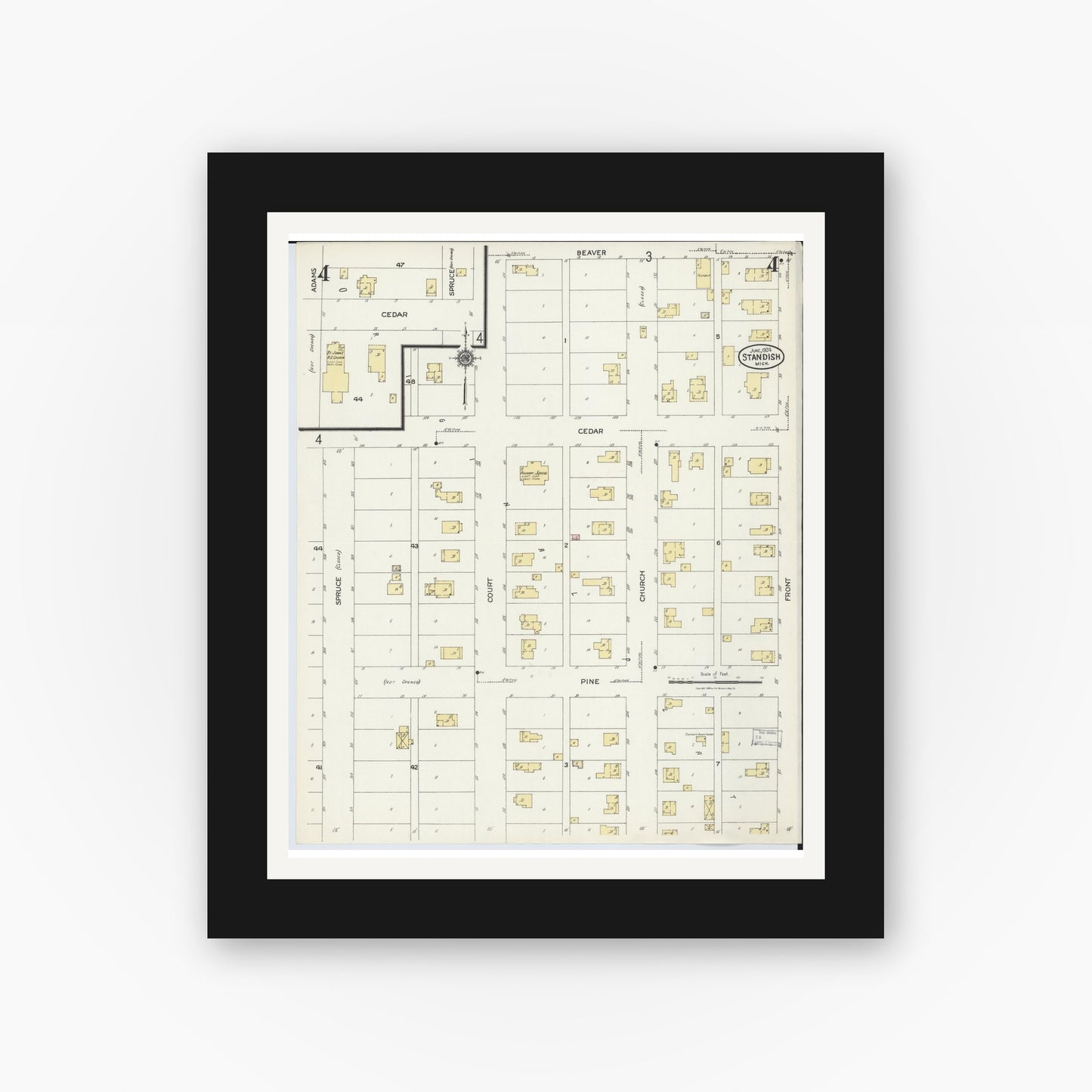 Old map wall art mockup — black gallery frame with white mat — Sanborn Fire Insurance Map from Standish, Arenac County, Michigan (1924), Sheet #0004