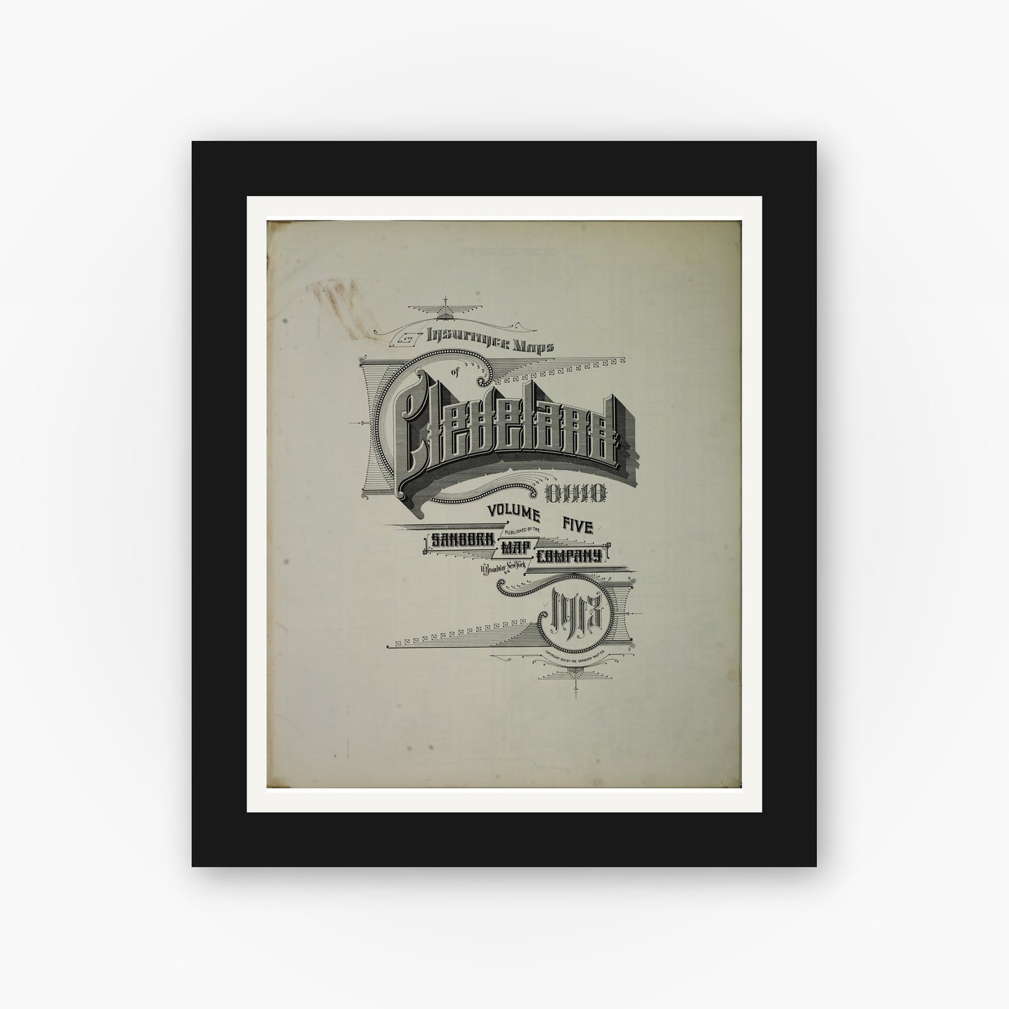 Old map wall art mockup — black gallery frame with white mat — Sanborn Fire Insurance Map from Cleveland, Cuyahoga County, Ohio (1913), Sheet #0001