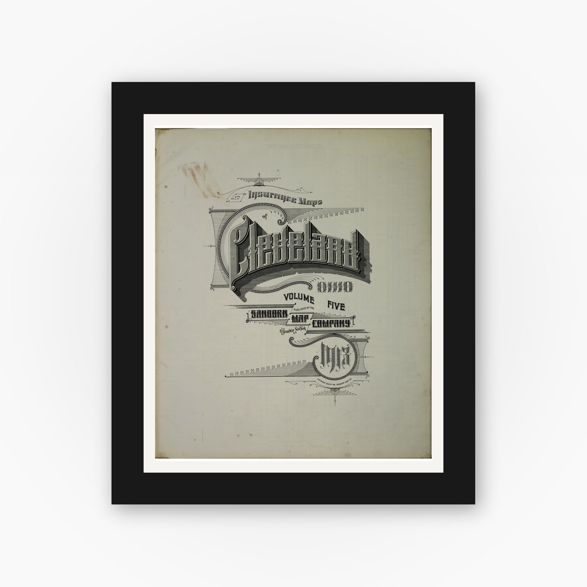 Old map wall art mockup — black gallery frame with white mat — Sanborn Fire Insurance Map from Cleveland, Cuyahoga County, Ohio (1913), Sheet #0001