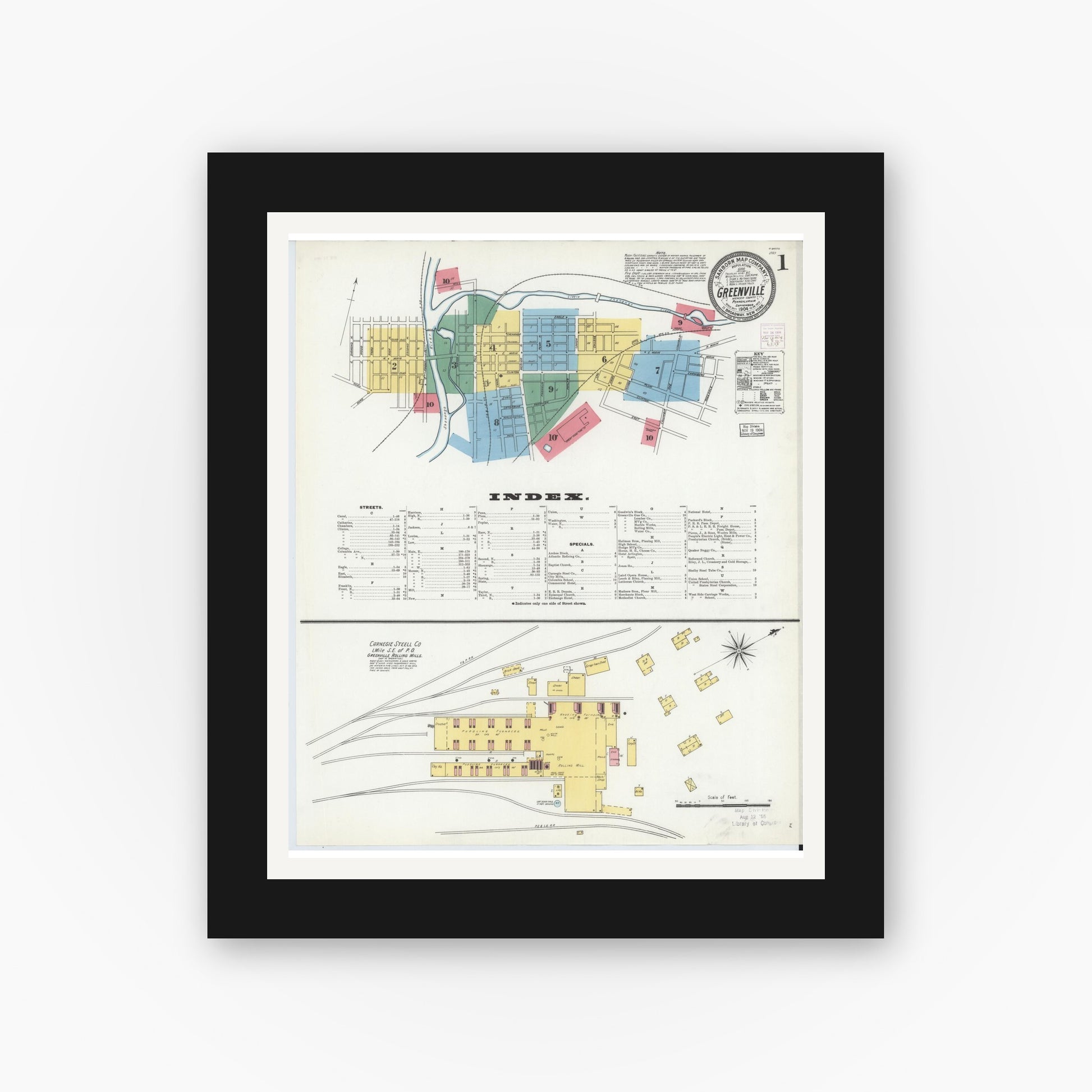 Old map wall art mockup — black gallery frame with white mat — Sanborn Fire Insurance Map from Greenville, Mercer County, Pennsylvania (1904), Sheet #0001