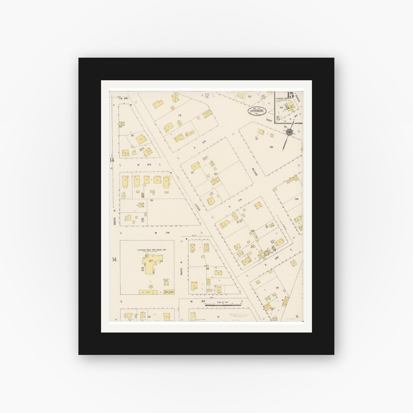Old map wall art mockup — black gallery frame with white mat — Sanborn Fire Insurance Map from Livermore, Alameda County, California (1917), Sheet #0015