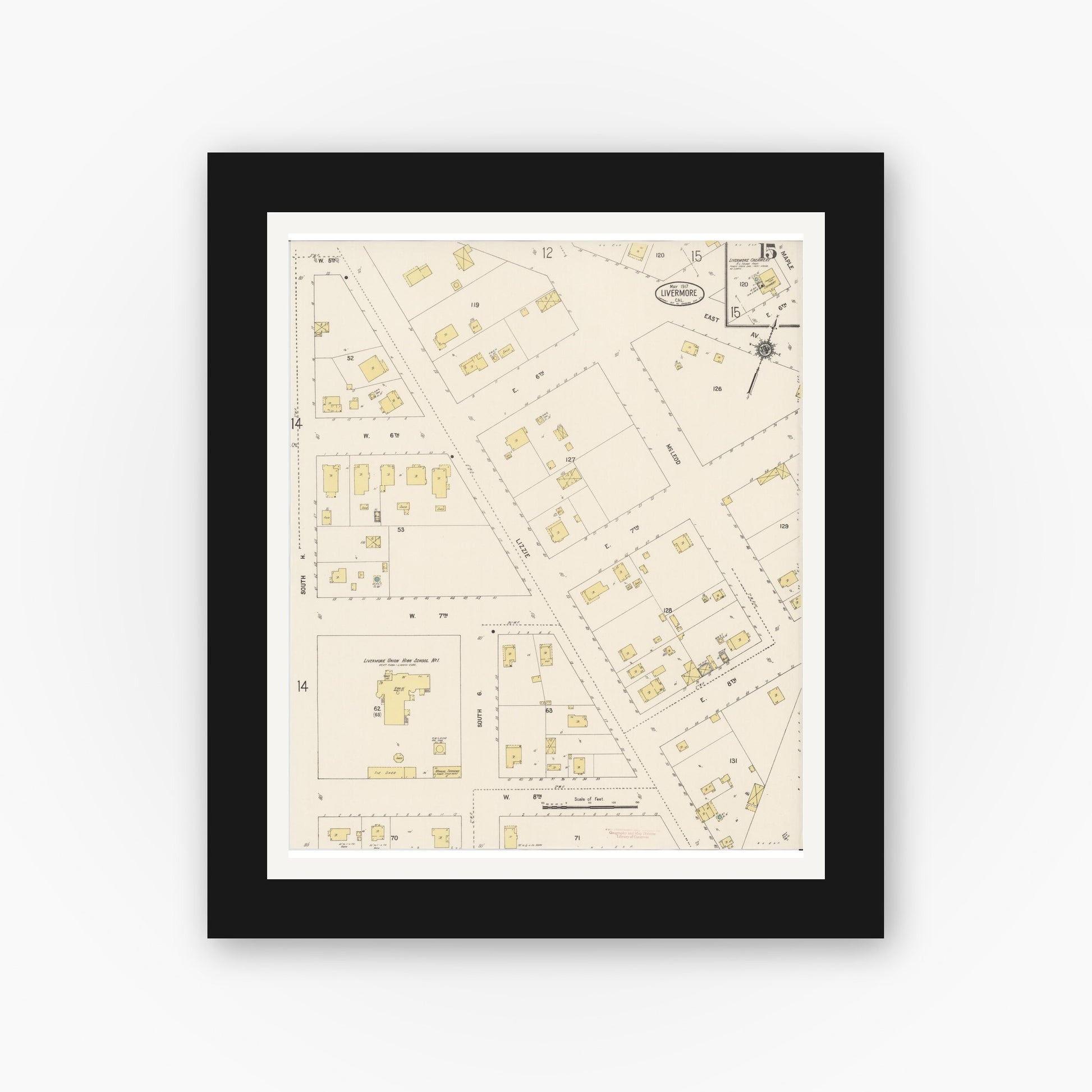 Old map wall art mockup — black gallery frame with white mat — Sanborn Fire Insurance Map from Livermore, Alameda County, California (1917), Sheet #0015