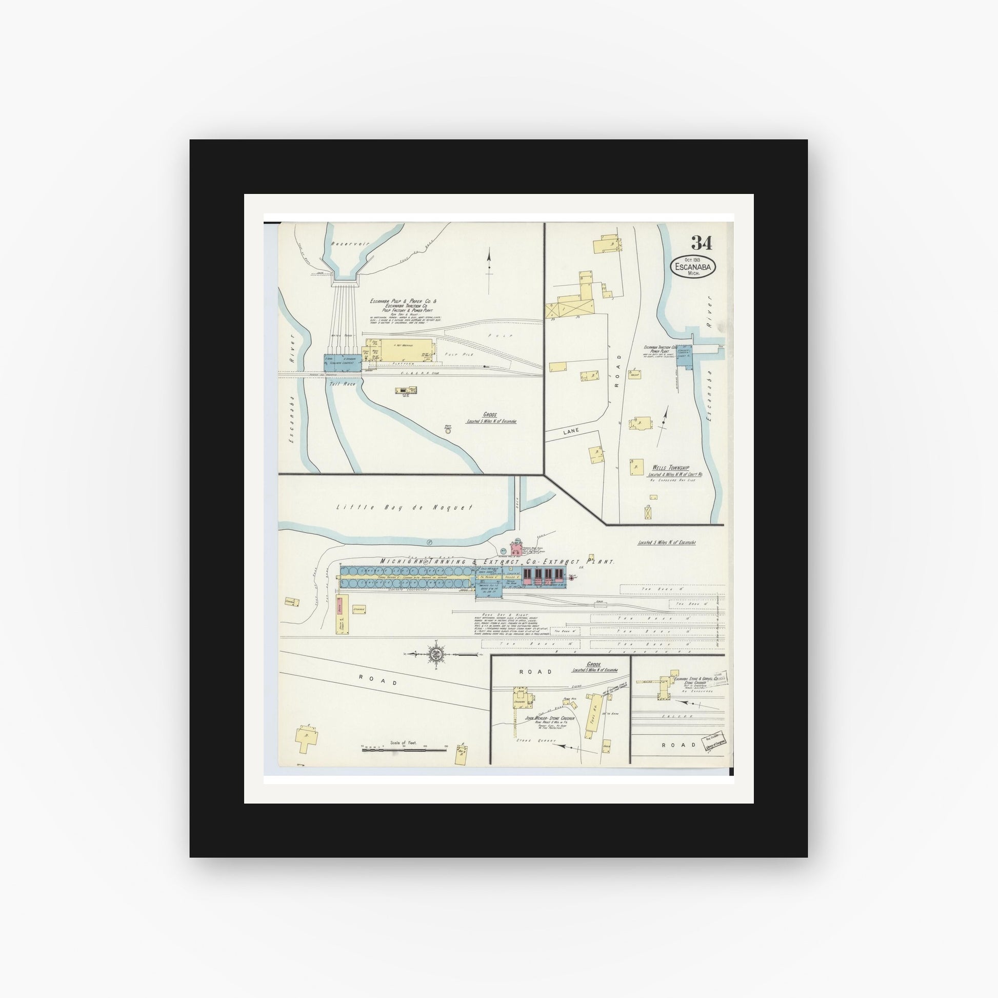 Old map wall art mockup — black gallery frame with white mat — Sanborn Fire Insurance Map from Escanaba, Delta County, Michigan (1913), Sheet #0034