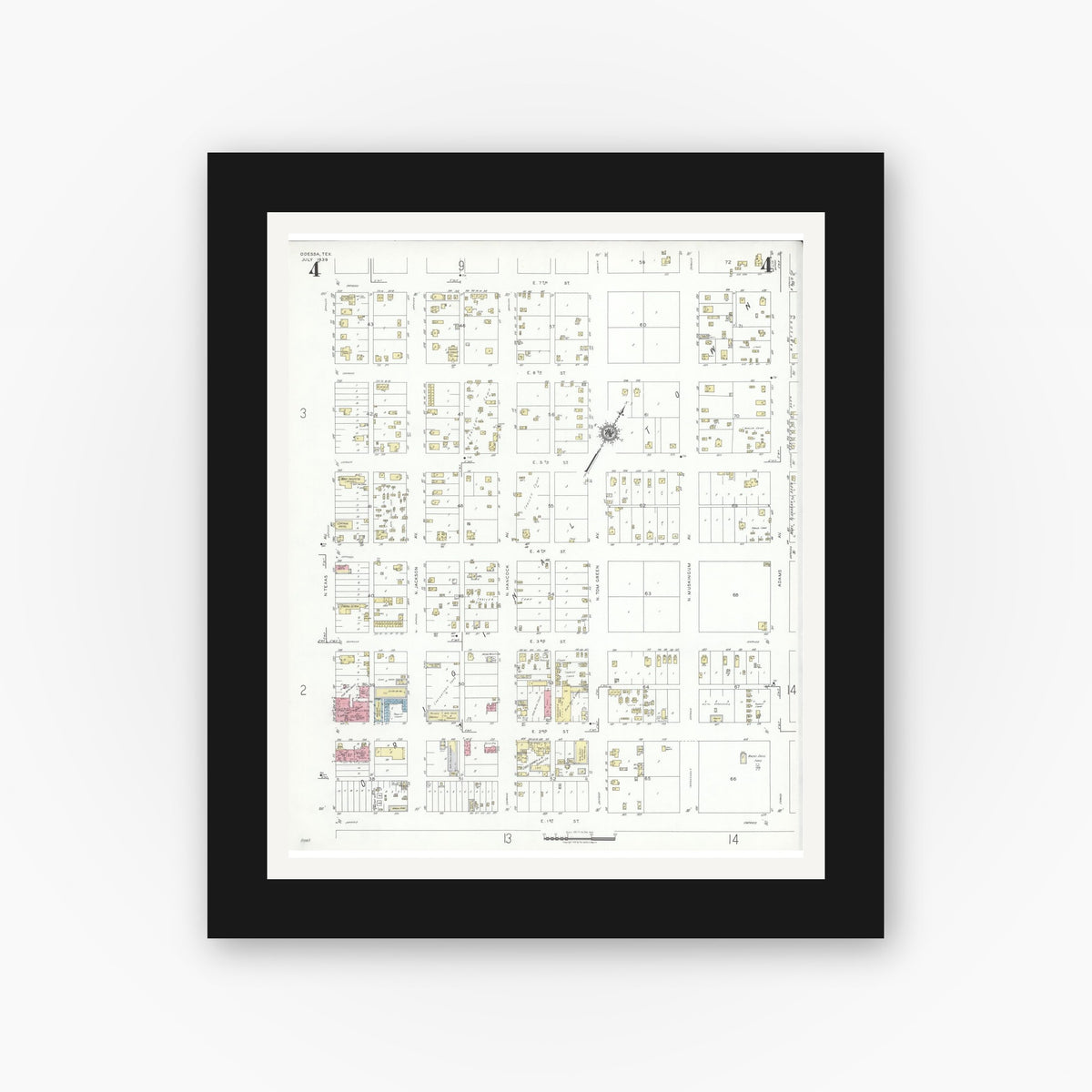 Old map wall art mockup — black gallery frame with white mat — Sanborn Fire Insurance Map from Odessa, Edger County, Texas (1939), Sheet #0004