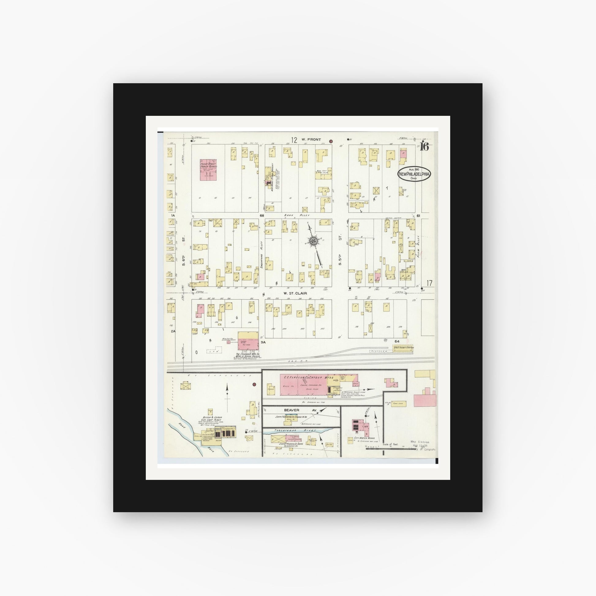 Old map wall art mockup — black gallery frame with white mat — Sanborn Fire Insurance Map from New Philadelphia, Tuscarawas County, Ohio (1910), Sheet #0016