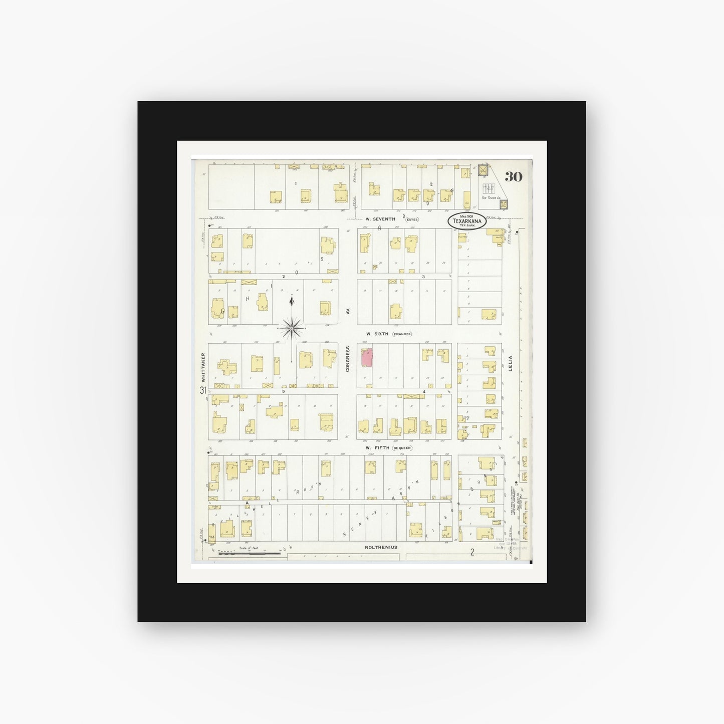 Old map wall art mockup — black gallery frame with white mat — Sanborn Fire Insurance Map from Texarkana, Bowie County, Texas (1909), Sheet #0030