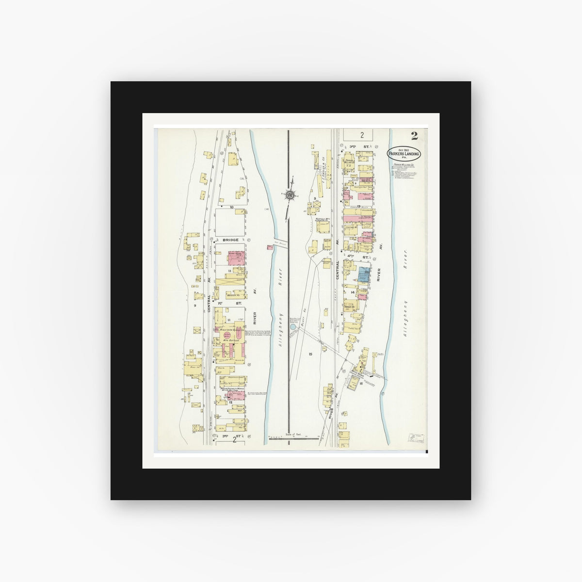 Old map wall art mockup — black gallery frame with white mat — Sanborn Fire Insurance Map from Parkers Landing, Armstrong County, Pennsylvania (1910), Sheet #0002